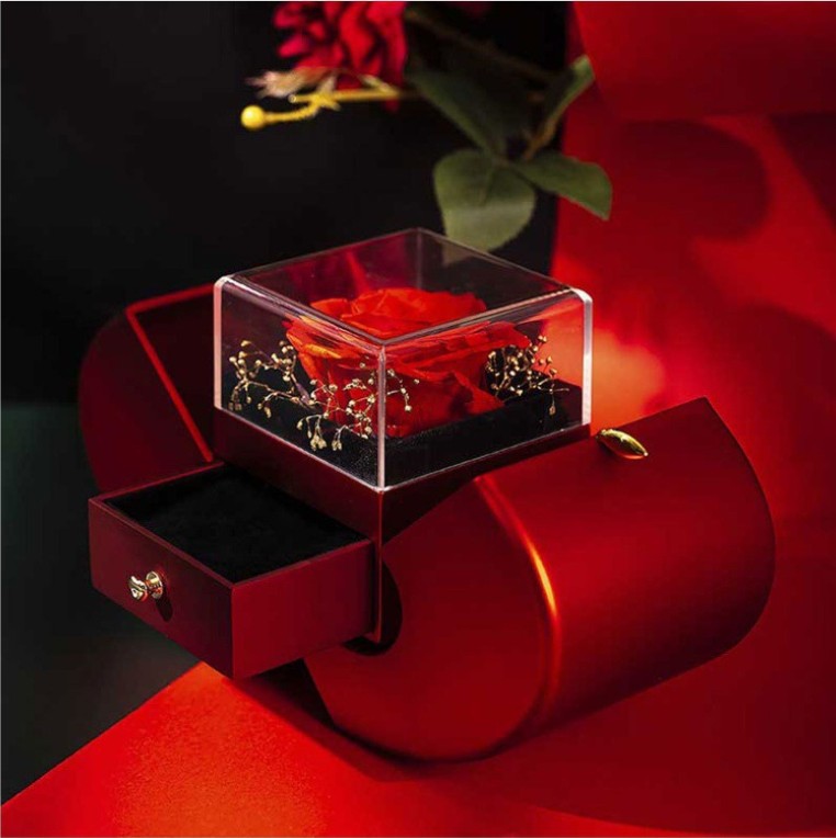 Fashion Jewelry Box Red Apple  Necklace Eternal Rose For Girl Valentine's Day Gifts With Artificial Flower Rose Flower Jewelry Box