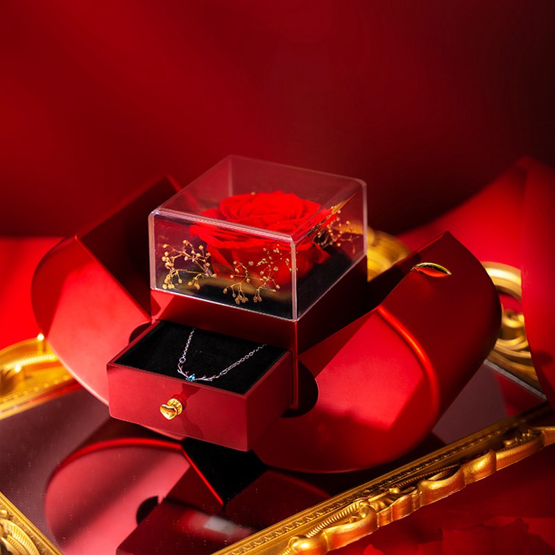 Fashion Jewelry Box Red Apple  Necklace Eternal Rose For Girl Valentine's Day Gifts With Artificial Flower Rose Flower Jewelry Box