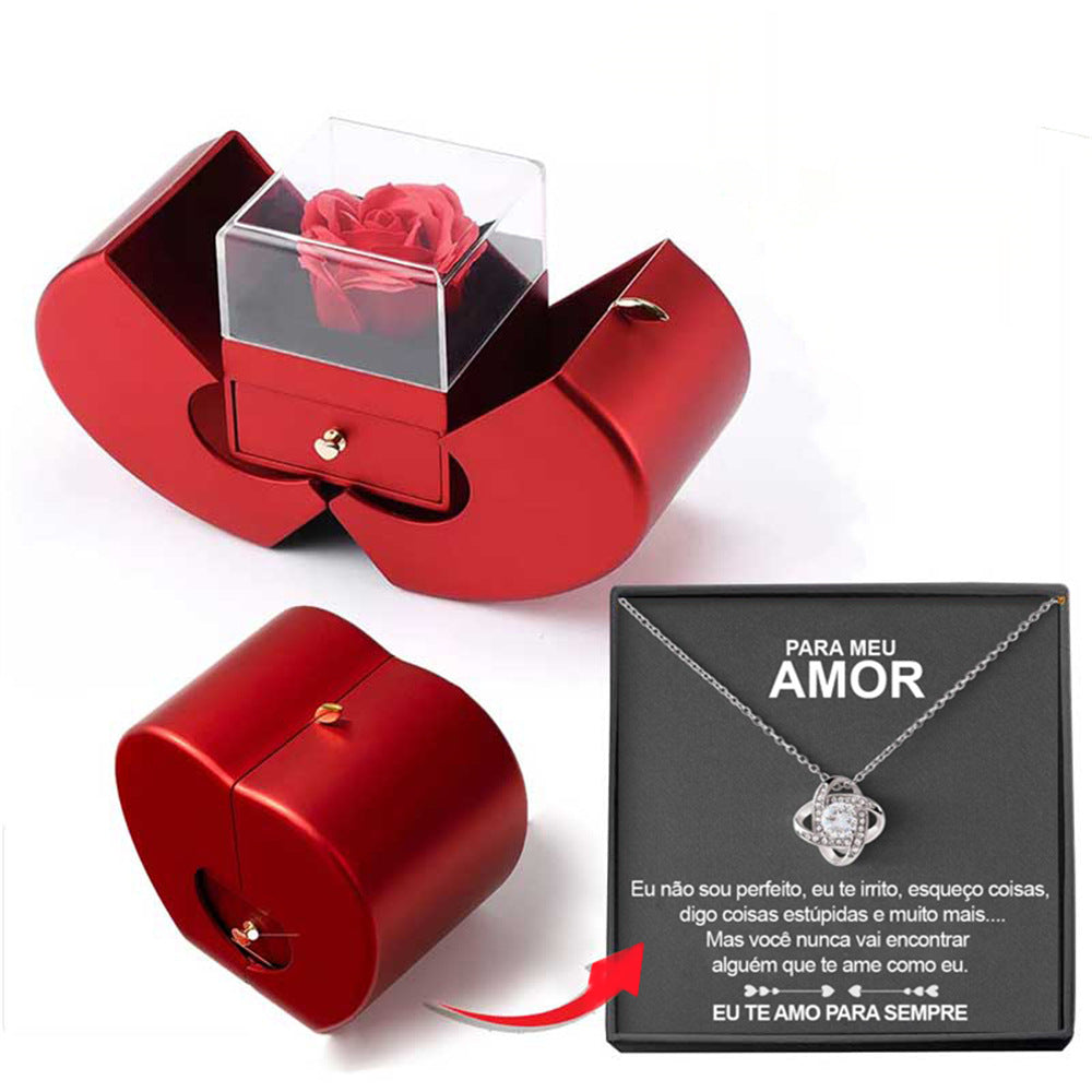Fashion Jewelry Box Red Apple  Necklace Eternal Rose For Girl Valentine's Day Gifts With Artificial Flower Rose Flower Jewelry Box