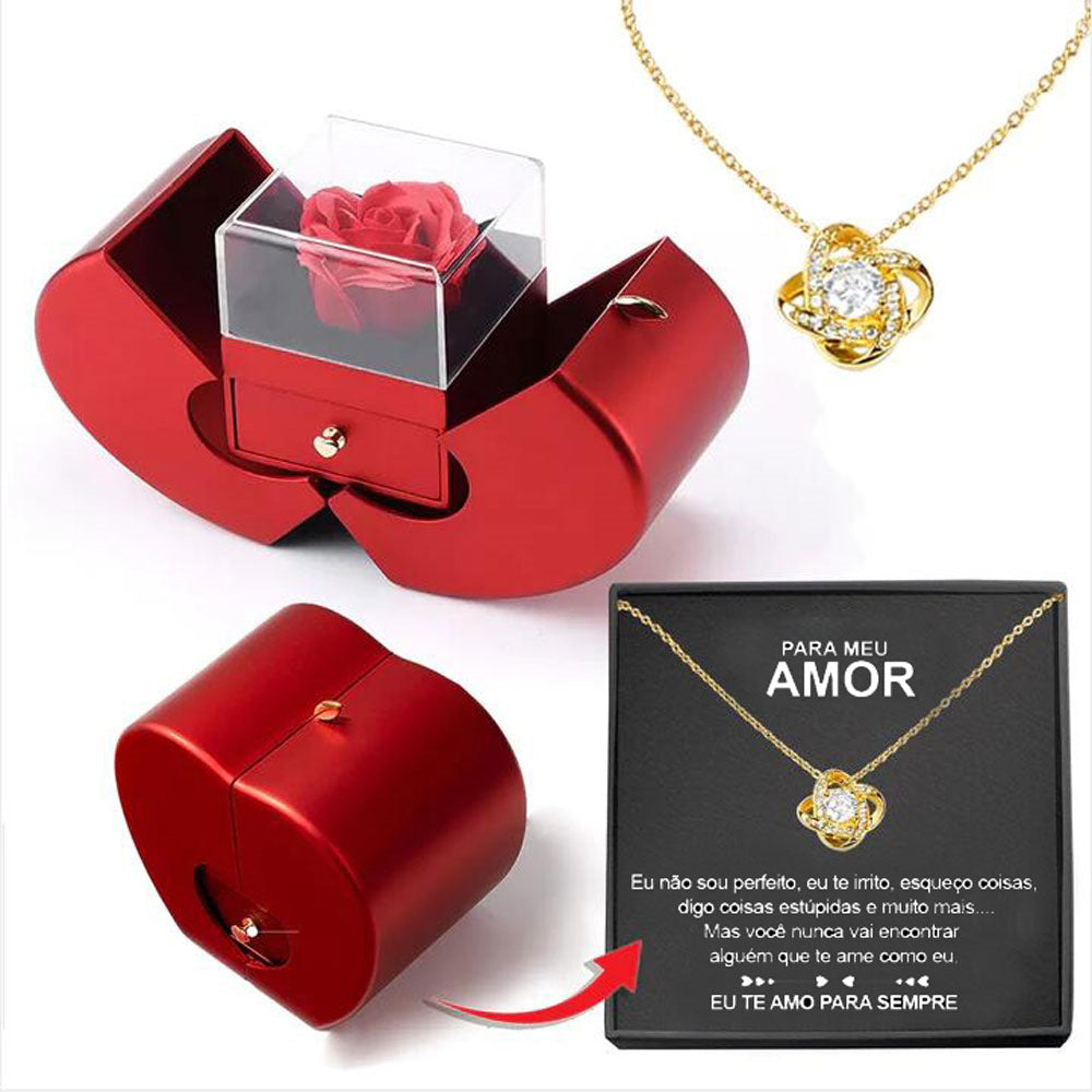 Fashion Jewelry Box Red Apple  Necklace Eternal Rose For Girl Valentine's Day Gifts With Artificial Flower Rose Flower Jewelry Box