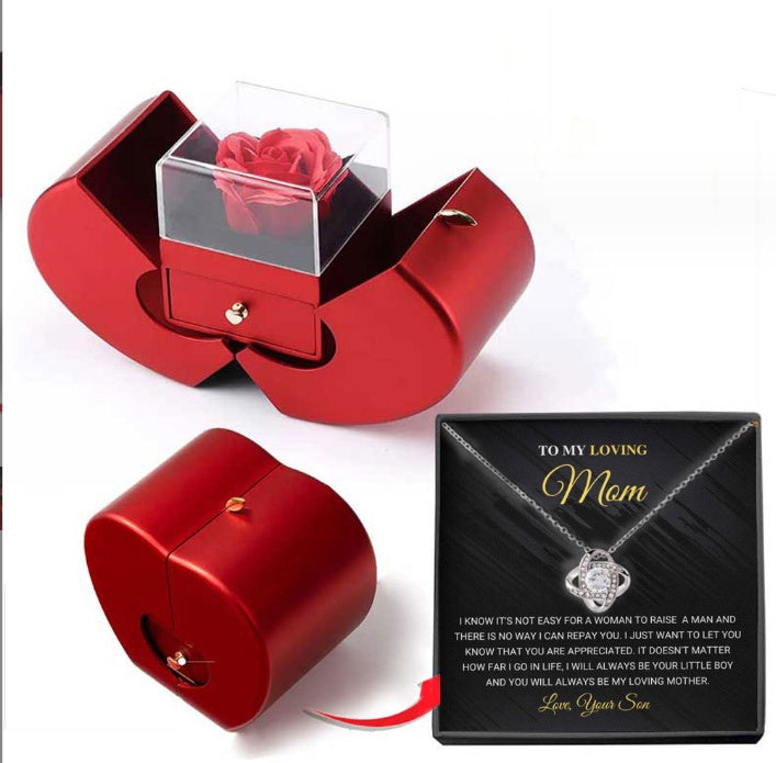 Fashion Jewelry Box Red Apple  Necklace Eternal Rose For Girl Valentine's Day Gifts With Artificial Flower Rose Flower Jewelry Box