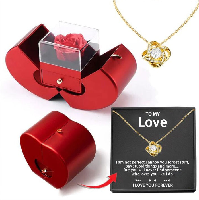 Fashion Jewelry Box Red Apple  Necklace Eternal Rose For Girl Valentine's Day Gifts With Artificial Flower Rose Flower Jewelry Box