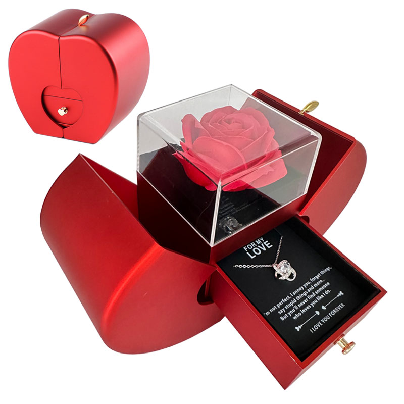 Fashion Jewelry Box Red Apple  Necklace Eternal Rose For Girl Valentine's Day Gifts With Artificial Flower Rose Flower Jewelry Box