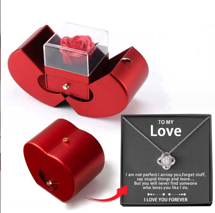 Fashion Jewelry Box Red Apple  Necklace Eternal Rose For Girl Valentine's Day Gifts With Artificial Flower Rose Flower Jewelry Box